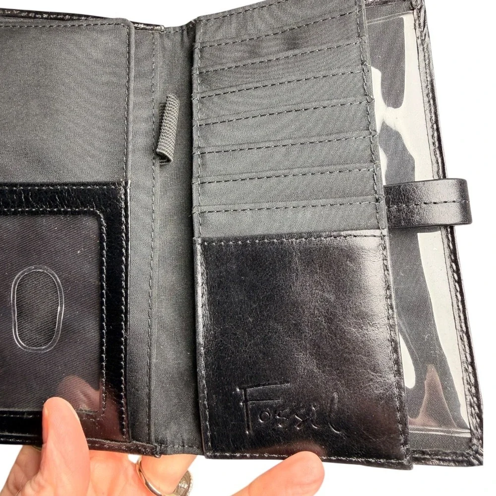 Fossil Patchwork Studded‎ Leather Wallet Clutch Black Snap Closure Zip Pocket